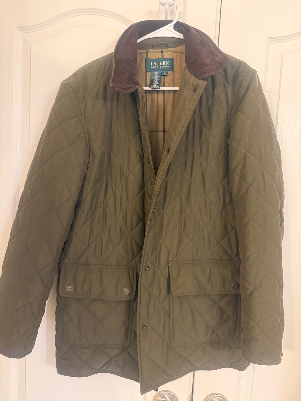 Lauren Ralph Lauren Olive Quilted Jacket with Brown suede Collar Unisex!